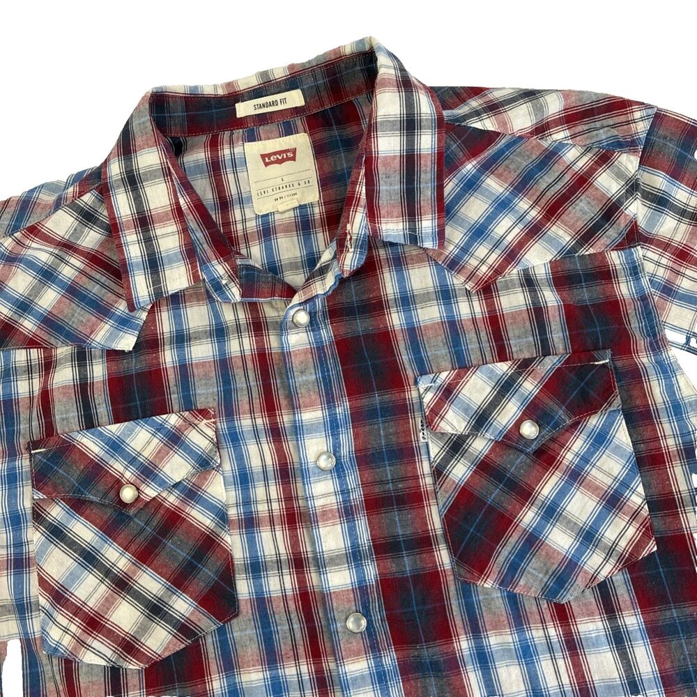 Mens Levi’s Western Short Sleeve Pearl Snap Shirt Size Large Red Plaid